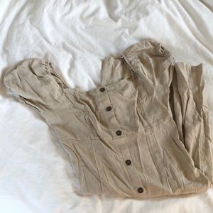 tan linen short sleeve button down midi dress 🌿
